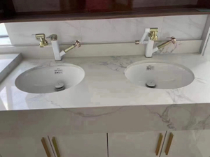 Pebble double sink Quartz Vanity Top สำหรับตู้ห้องน้ำ